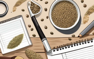 Various hemp seeds scattered on a wooden table