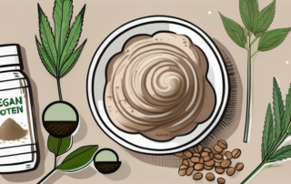 A scoop of hemp protein powder surrounded by various vegan foods and a hemp plant