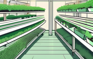 A futuristic indoor farm with rows of lush green plants growing under bright artificial lights