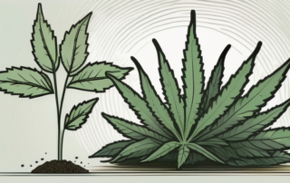 A mature cannabis plant with a scale next to it to indicate its potential yield