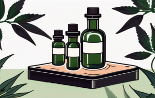 A bottle of hemp oil balanced on a scale