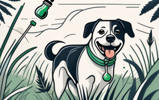 A dog happily playing in a field with a dropper bottle of cbd oil in the foreground