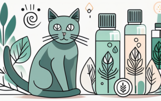 A calm-looking cat sitting next to a bottle of cbd oil