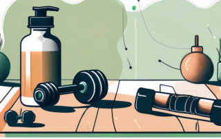 A cbd oil dropper bottle with a backdrop of various fitness equipment such as dumbbells