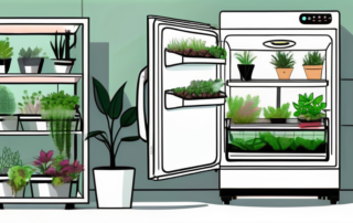 A repurposed refrigerator being used as a grow box for an indoor garden