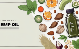 A bottle of hemp oil surrounded by various healthy foods like fruits