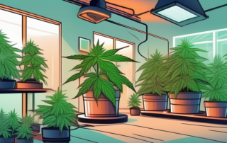 An indoor setting with cannabis plants growing under a led light system