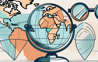 A globe with different countries highlighted and magnifying glasses hovering over them