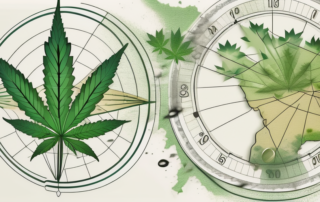 A map of germany with symbolic cannabis leaves scattered on it and a set of scales