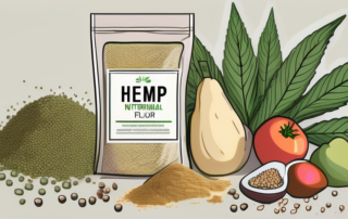 A hemp plant next to a bag of hemp flour