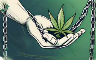 A cannabis plant emerging from broken chains