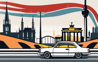 A car with a german flag design driving on the autobahn