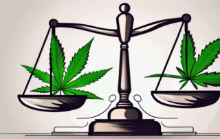 A balanced scale with a cannabis leaf on one side and a legal gavel on the other
