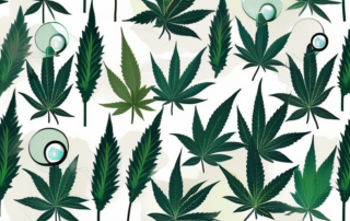 A cannabis leaf with a magnifying glass focusing on its microscopic structure