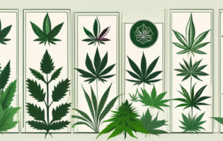 Various types of cannabis plants with medical symbols subtly incorporated into their leaves