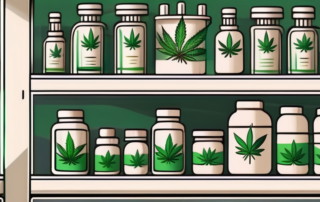 A pharmacy interior with a prominent display of various cannabis products