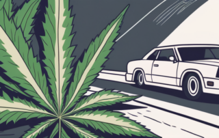 A car on a road with a cannabis leaf in the background