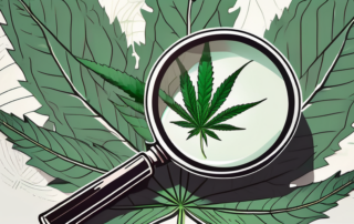 A magnifying glass focusing on a cannabis leaf