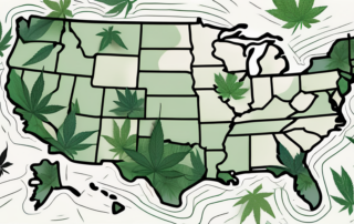 A map of the usa with various cannabis leaves scattered across it