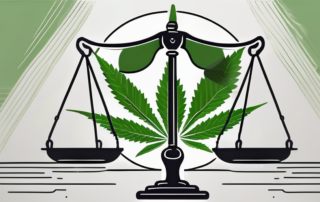 A balanced scale with a cannabis leaf on one side and a gavel on the other