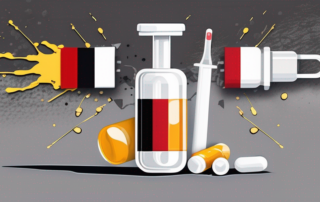 A broken syringe and scattered pills against a backdrop of the german flag