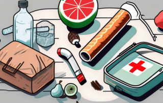 A broken cigarette with a first aid kit and various healthy lifestyle items like fruits