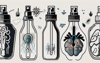 A nicotine spray bottle with smoke-like wisps emanating from it
