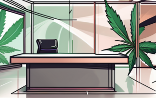 A news broadcasting studio with a cannabis leaf subtly integrated into the design