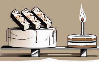 A scale balancing a cigarette pack on one side and a piece of cake on the other