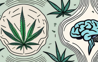A cannabis leaf and a brain with symbols of concentration and focus
