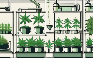 Various stages of cannabis plant growth in a well-organized indoor garden setup