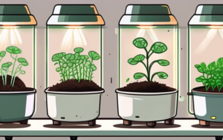 Various types of automatic seeds sprouting in small indoor pots under a grow light