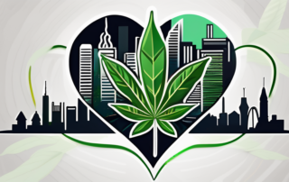 A stylized heart intertwined with a cannabis leaf