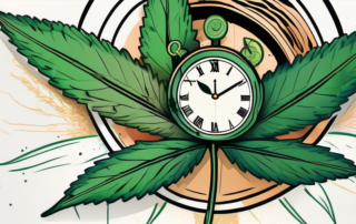 A cannabis leaf entwined with a clock
