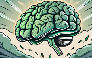 A brain enveloped by cannabis leaves