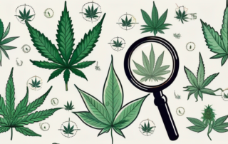 Various cannabis plants with a magnifying glass highlighting the thc molecules in one of them