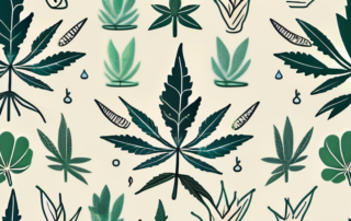 A marijuana leaf with various health symbols (like a heart