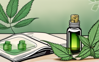 A few hemp oil capsules surrounded by hemp leaves