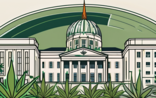 A detailed cannabis plant in front of a background of a stylized german government building