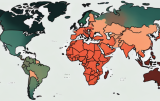 A world map with different countries highlighted in different colors