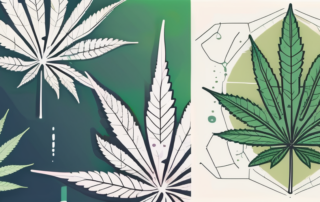 A cannabis leaf juxtaposed with symbolic cancer cells