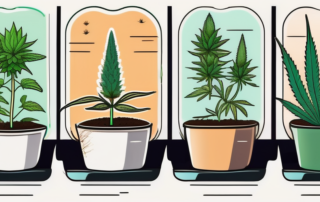 An outdoor garden scene with various stages of autoflowering seeds growing into mature cannabis plants