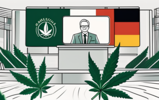 A tv news studio with a cannabis leaf symbol on the screen