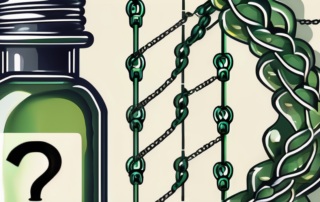 A cbd oil dropper bottle positioned next to a question mark