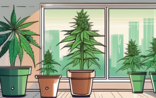 A room with a healthy cannabis plant growing in a pot near a window