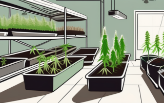 An indoor gardening setup with hemp plants at various stages of growth