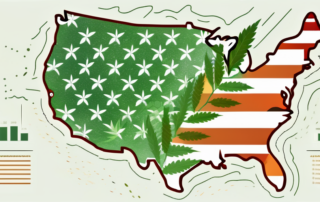 A map of the united states with cannabis leaves sprinkled across it