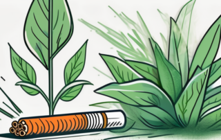 A broken cigarette surrounded by a healthy green plant