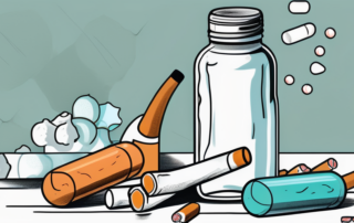 A broken cigarette surrounded by various items like a water bottle