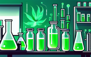 A laboratory setting with test tubes and beakers